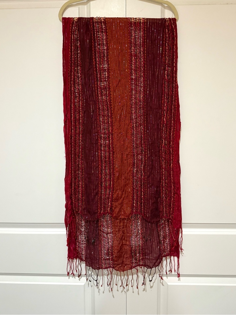 Women's Red & Burgundy Striped Fringe Scarf